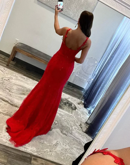 Red Spaghetti Straps Long Mermaid  Prom Dress