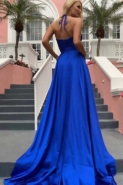 Royal Blue V-Neck A-line Spaghetti Straps Long Prom Dresses