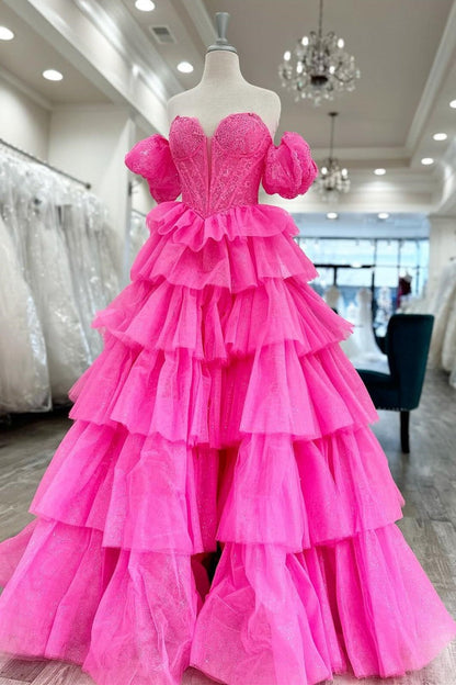 Ball Gown Sweetheart Hot Pink Tiered Organza Prom Dresses