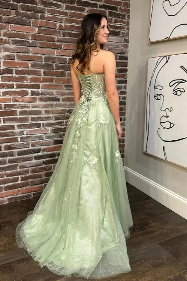 Sage Green Sweetheart Floral Lace Tulle Long Prom Dresses