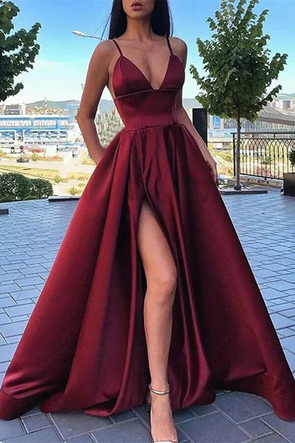 Satin  V-neck A-line Spaghetti Straps Long Prom Dresses With High Split