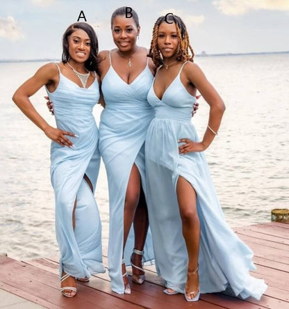 Sexy A Line V Neck Light Blue Chiffon Beach Bridesmaid Dresses,BD240620