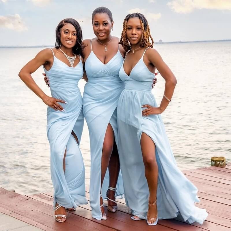 Sexy A Line V Neck Light Blue Chiffon Beach Bridesmaid Dresses,BD240620