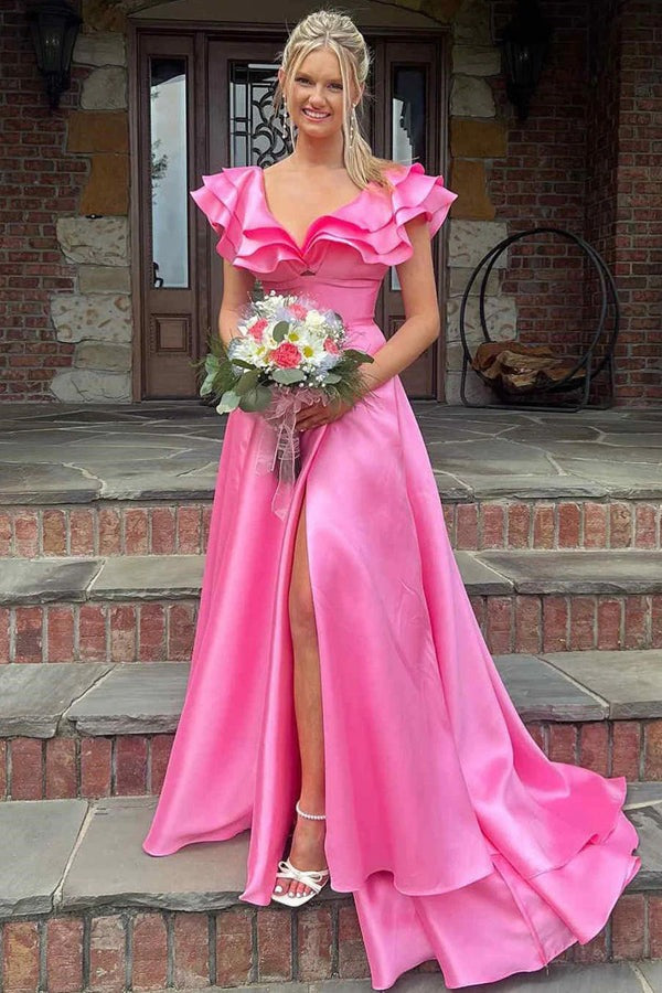 Silky Satin Ruffles Hot Pink Prom Dresses,V Neck Formal Dresses