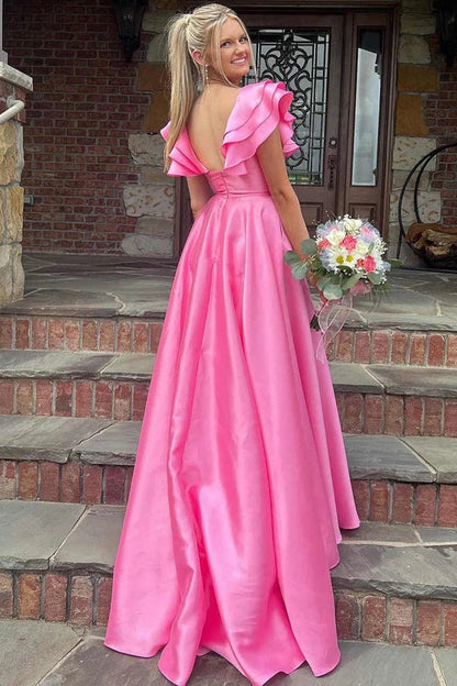 Silky Satin Ruffles Hot Pink Prom Dresses,V Neck Formal Dresses