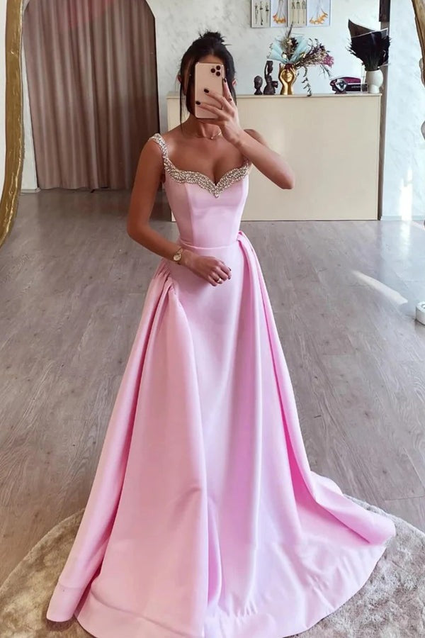 Long Simple A Line Pink Satin Prom Dresses