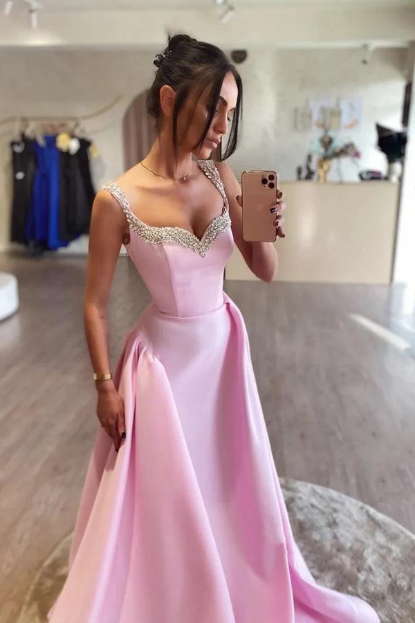 Long Simple A Line Pink Satin Prom Dresses