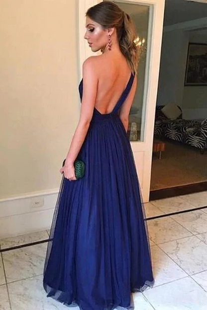 Simple Blue Tulle A-line One Shoulder Long Prom Dresses, Evening Gown