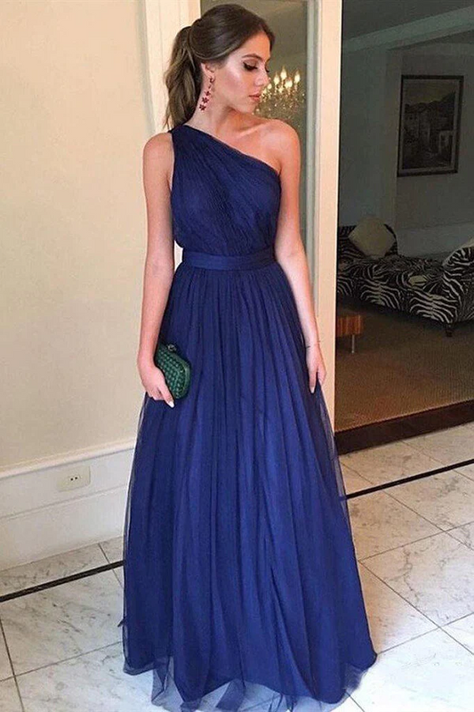 Simple Blue Tulle A-line One Shoulder Long Prom Dresses, Evening Gown