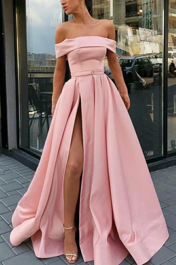 Simple Pink Satin A-line Sweep Train Off Shoulder Prom Dresses