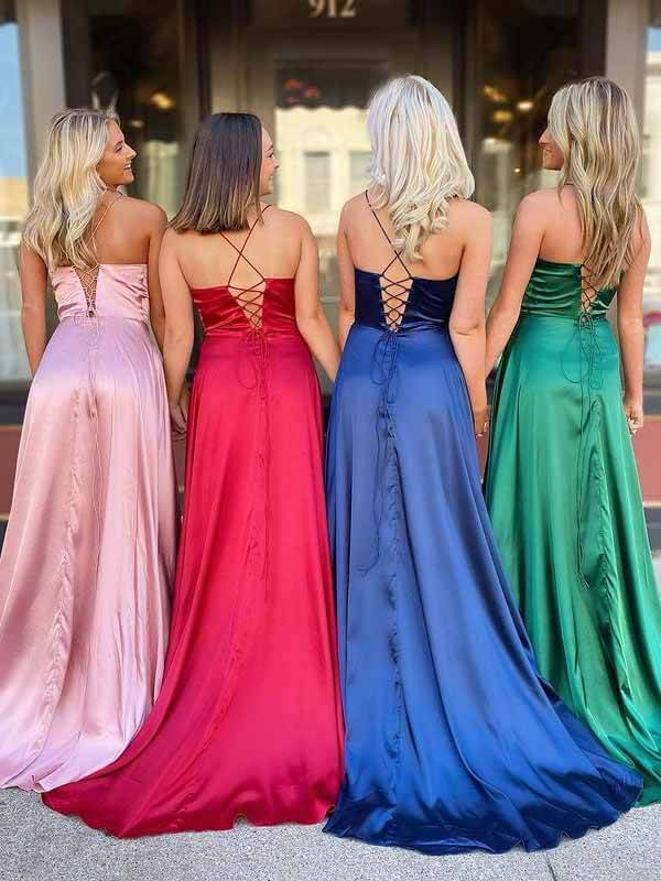 Simple Satin Spaghetti Straps Lace up Back Prom Dresses, Evening Gowns