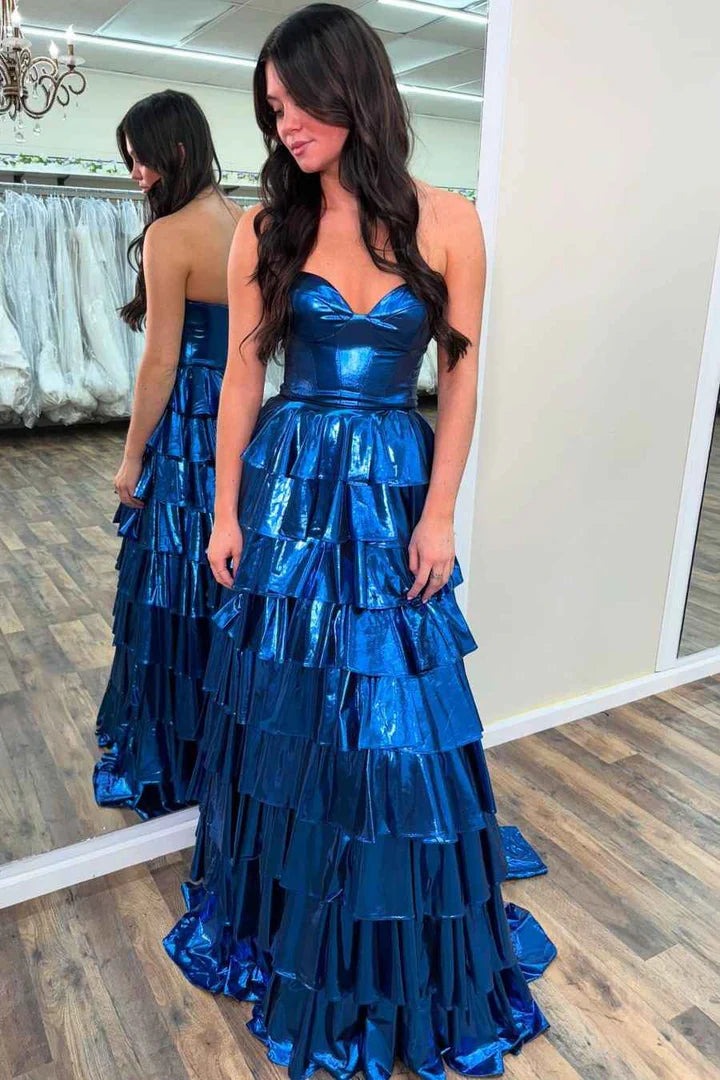 Metallic A-Line Sweetheart Ruffle Tiered Long Prom Dresses