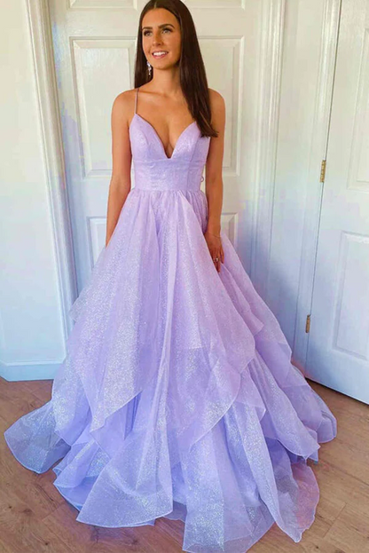 Sparkly Lavender Tiered Tulle A-line Princess Prom Dresses, Evening Gown