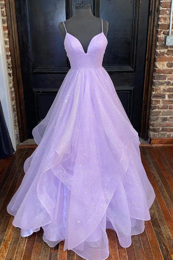 Sparkly Lavender Tiered Tulle A-line Princess Prom Dresses, Evening Gown