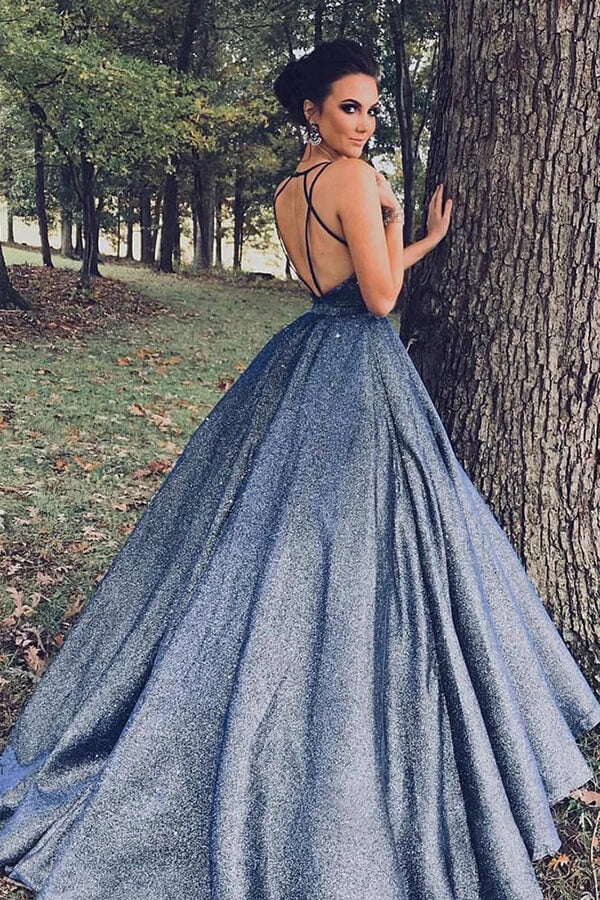 Sparkly Navy Blue Ball Gown V-neck Prom Dresses, Long Formal Dresses