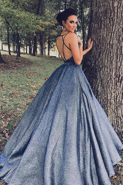 Sparkly Navy Blue Ball Gown V-neck Prom Dresses, Long Formal Dresses