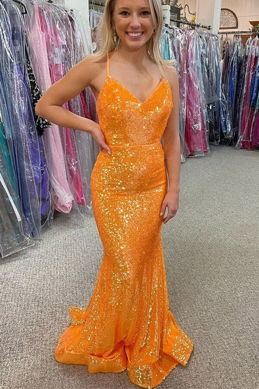 Sparkly Orange Sequins Mermaid V-neck Prom Dresses, Long Formal Dresses