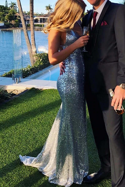 Sparkly Silver Sequins Backless Long Mermaid Prom Dresses, Evening Gown