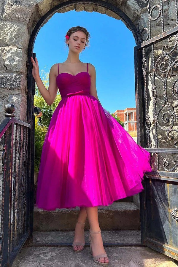 Hot Pink Sweetheart Tea Length Simple Prom Dresses