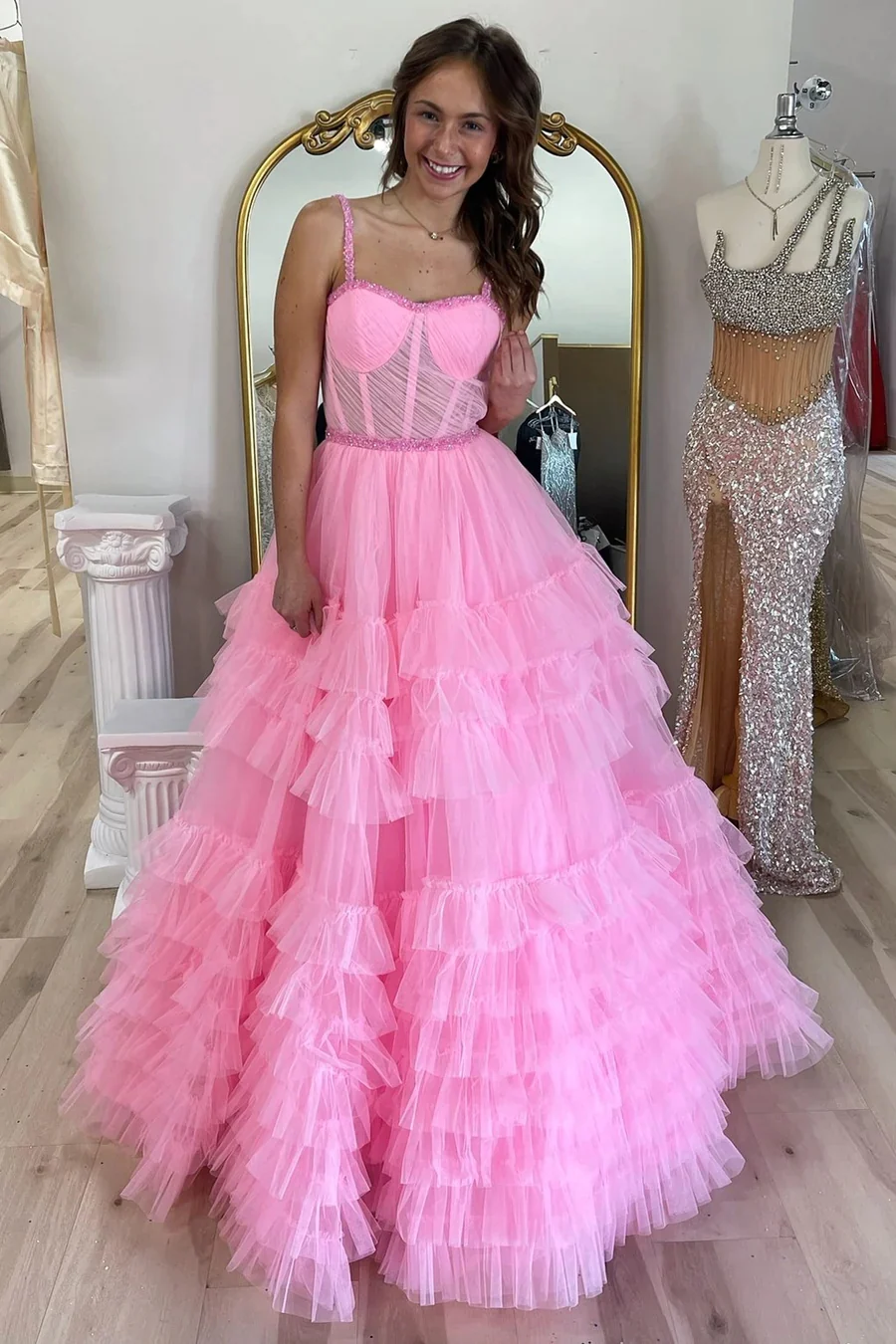 Tiered Ruffle Tulle Prom Dress Beaded Evening Dresses