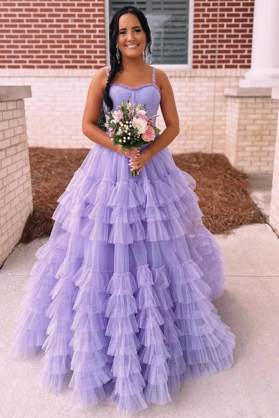 Tiered Ruffle Tulle Prom Dress Beaded Evening Dresses