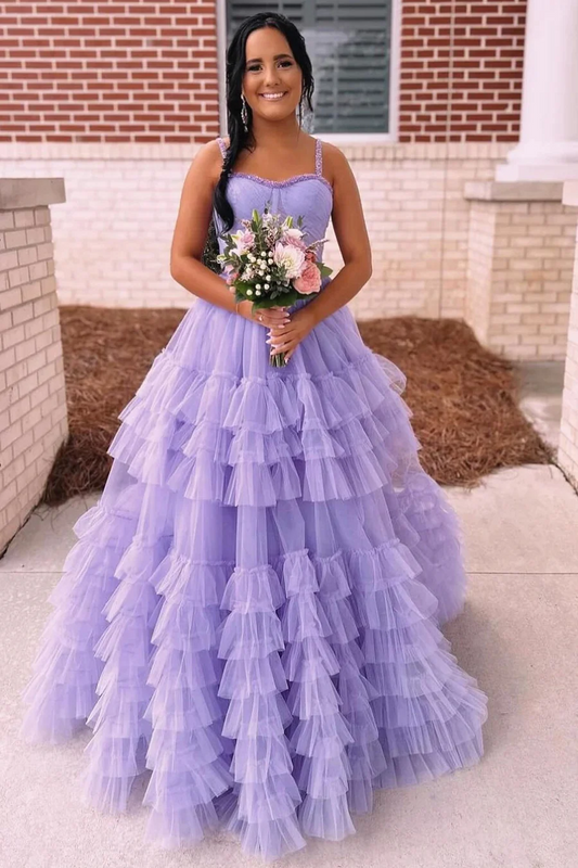 Tiered Ruffle Tulle Prom Dress Beaded Evening Dresses