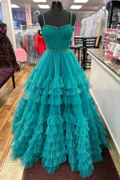 Tiered Ruffle Tulle Prom Dress Beaded Evening Dresses