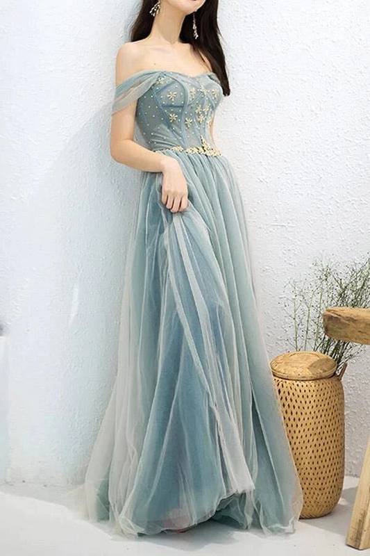 Tulle A-Line Off-the-Shoulder Beaded Prom Dresses, Long Formal Dresses