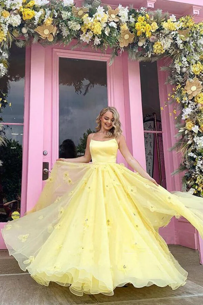 Yellow Satin Tulle Ball Gown Spaghetti Straps 3D Flowers Prom Dresses