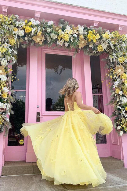 Yellow Satin Tulle Ball Gown Spaghetti Straps 3D Flowers Prom Dresses,BD930803