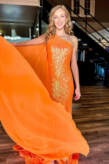 One Shoulder Orange Sequins Mermaid Prom Dresses