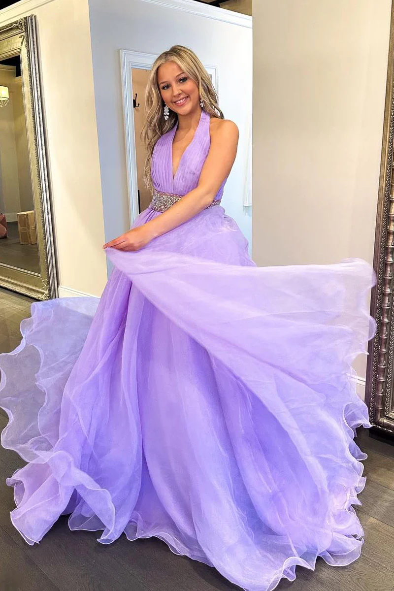 A-Line Halter Lilac Long Organza Prom Dresses