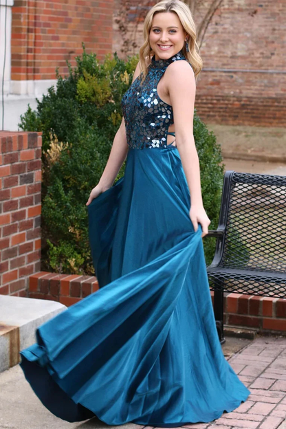 Long Teal Cut Glass Mirror Halter Formal Dresses,BD93194