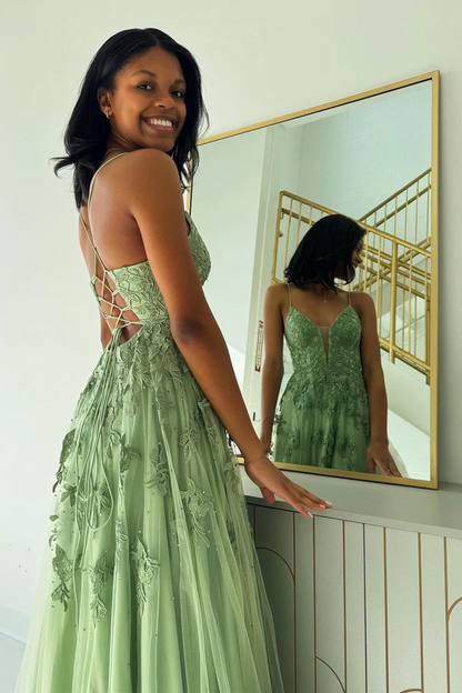 Sage Green V Neck Tulle A-Line Long Prom Dresses,BD93235