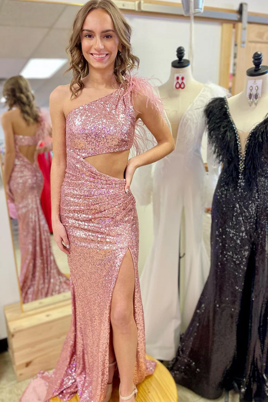 Blush Pink One Shoulder Sequins Long Prom Dresses