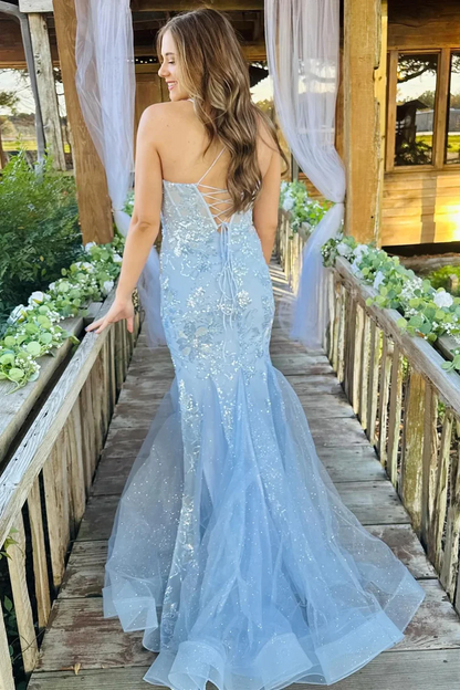 Light Blue Scoop Neck Sequin Lace Trumpet Long Prom Dresses,BD93238