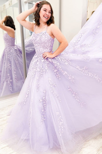 Lilac Scoop Neck Tulle A-Line Prom Dresses