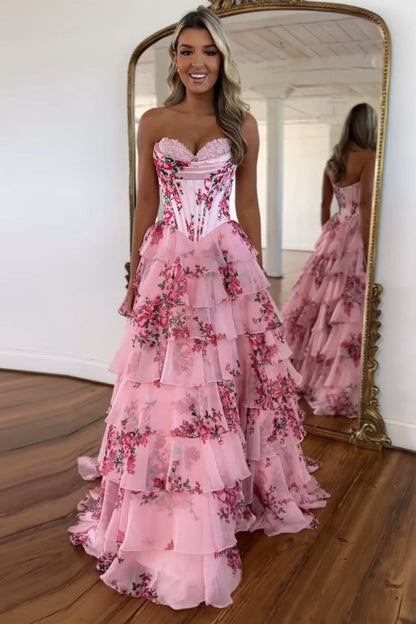 Charming A Line Chiffon Sweetheart Blush Printed Long Prom Dresses