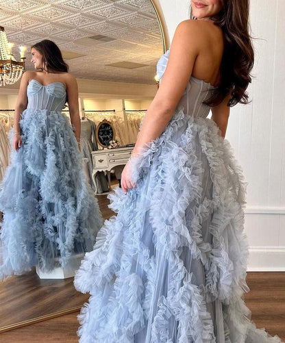 A Line Sweetheart Grey Ruffled Tulle Prom Dresses