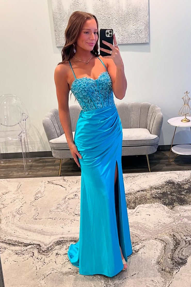 Charming Mermaid Sweetheart Blue Satin Long Prom Dresses