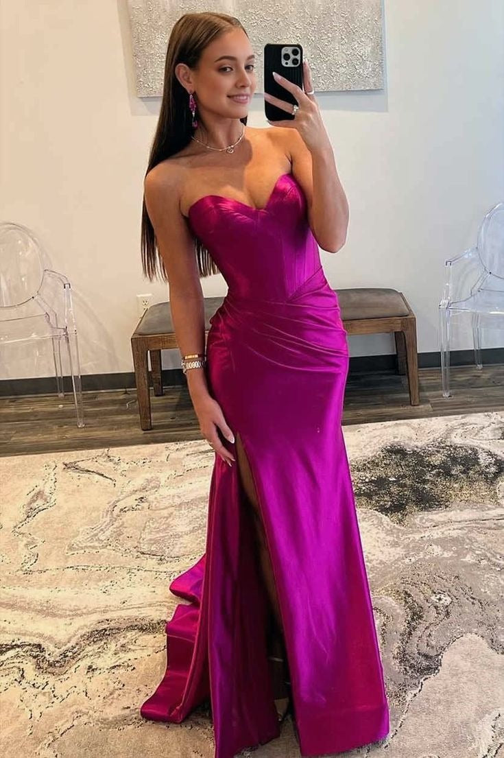 Mermaid Strapless Gold Satin Mermaid Prom Dresses