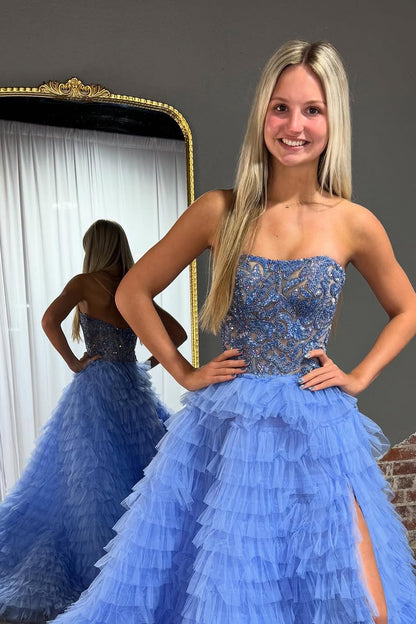 Ball Gown Strapless Blue Tiered Tulle Prom Dresses