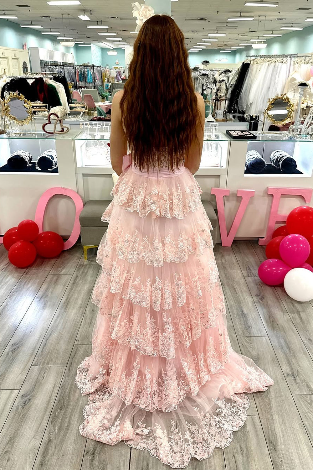 A-Line Sweetheart Pink Sequin Lace Ruffle Tiered Long Prom Dresses