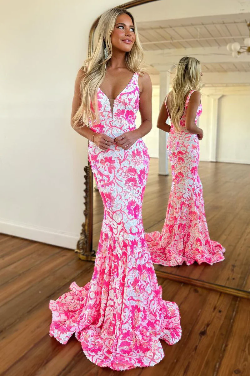 Pink Mermaid V Neck Sequin Lace Prom Dresses