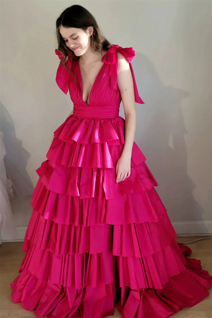 Fuchsia Bow Tie Straps Layers Plunging  Long Prom Dresses