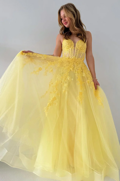 A-Line V Neck Yellow Tulle Lace Long Prom Dresses