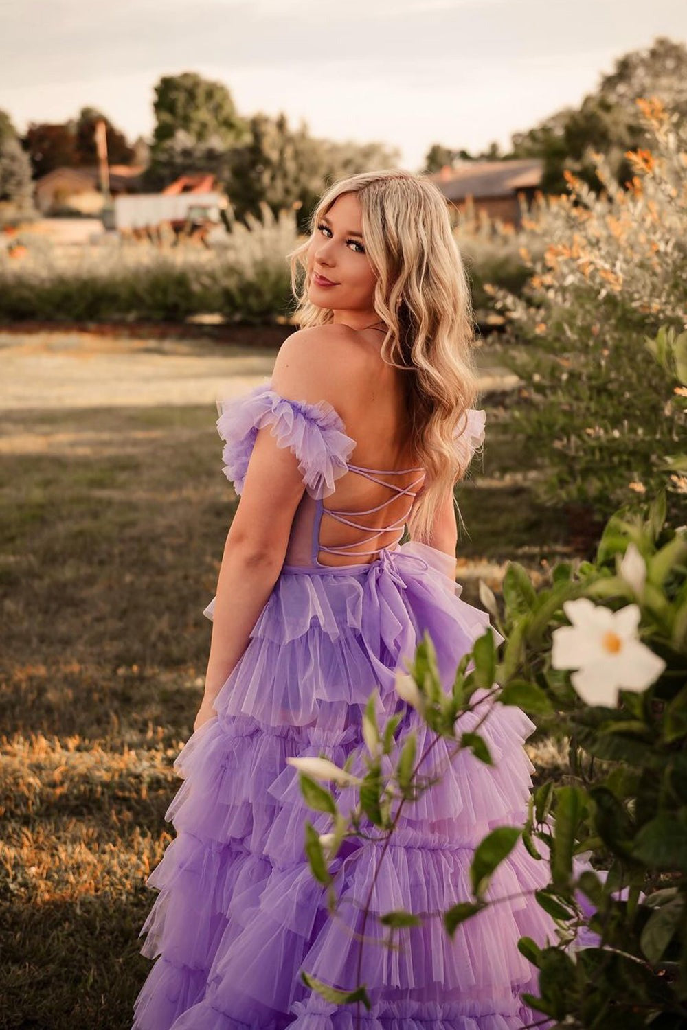 Off the Shoulder Lilac Tiered Tulle Slit Prom Dresses