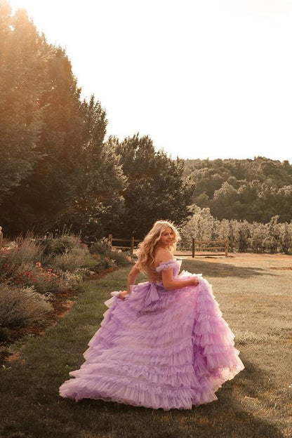 Off the Shoulder Lilac Tiered Tulle Slit Prom Dresses