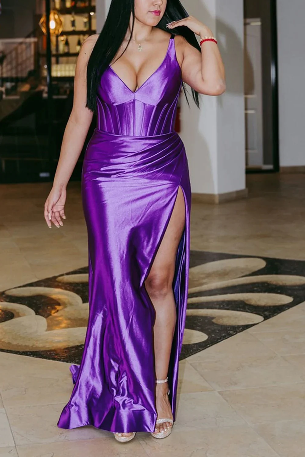 Dark Purple Corset Mermaid Long Satin Prom Dresses