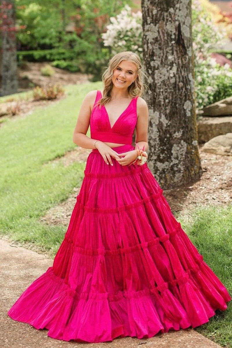 Pink Two Piece V Neck Satin A-Line Prom Dresses